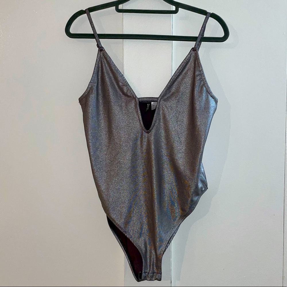 Silver spaghetti strap body suit